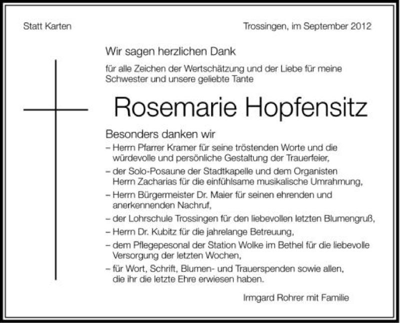  Traueranzeige für Rosemarie Hopfensitz vom 08.09.2012 aus Schwäbische Zeitung