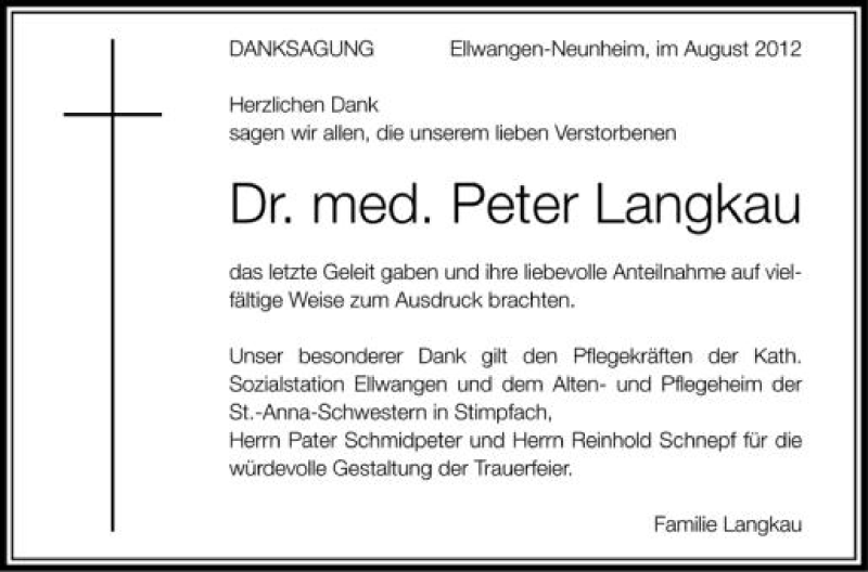  Traueranzeige für Peter Langkau vom 04.08.2012 aus Schwäbische Zeitung