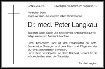 Anzeige von Peter Langkau von Schwäbische Zeitung