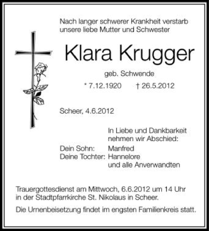  Traueranzeige für Klara Krugger vom 04.06.2012 aus Schwäbische Zeitung