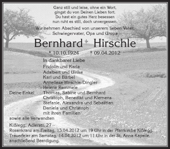 Anzeige von Bernhard Hirschle von Schwäbische Zeitung