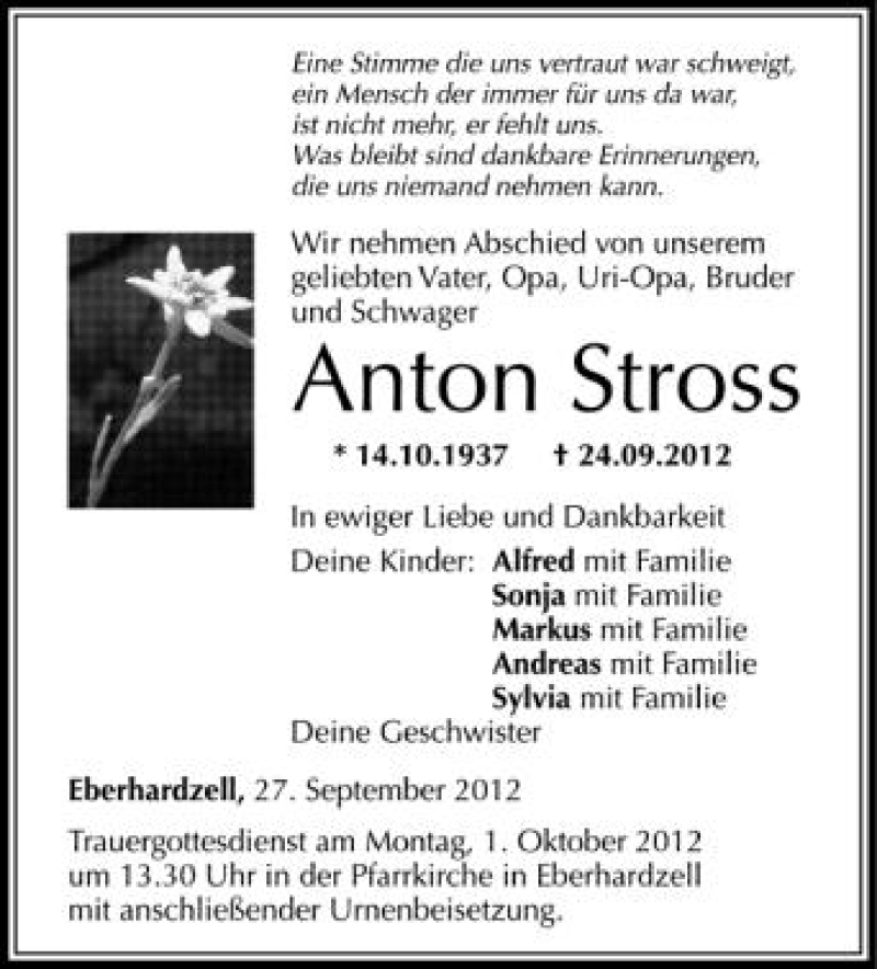  Traueranzeige für Anton Stross vom 27.09.2012 aus Schwäbische Zeitung