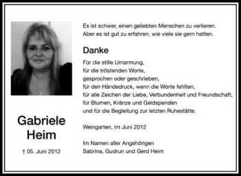 Anzeige von Gabriele Heim von Schwäbische Zeitung