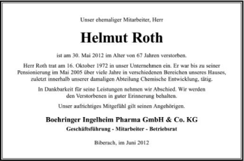 Anzeige von Helmut Roth von Schwäbische Zeitung