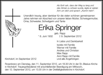 Anzeige von Erika Springer von Schwäbische Zeitung