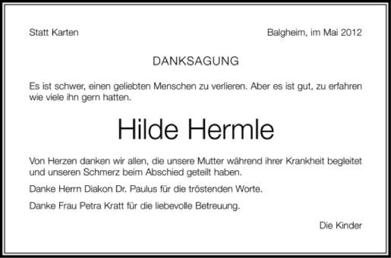  Traueranzeige für Hilde Hermle vom 15.05.2012 aus Schwäbische Zeitung