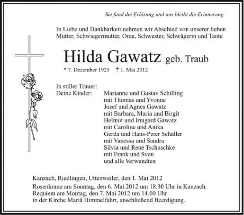  Traueranzeige für Hilda Gawatz vom 05.05.2012 aus Schwäbische Zeitung
