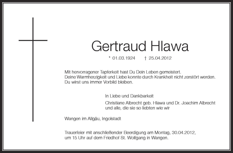  Traueranzeige für Gertraud Hlawa vom 27.04.2012 aus Schwäbische Zeitung