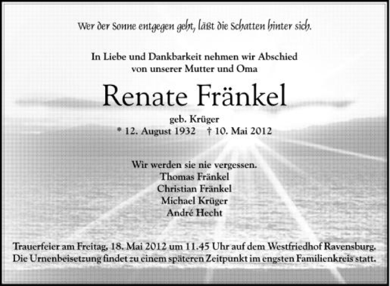  Traueranzeige für Renate Fränkel vom 14.05.2012 aus Schwäbische Zeitung