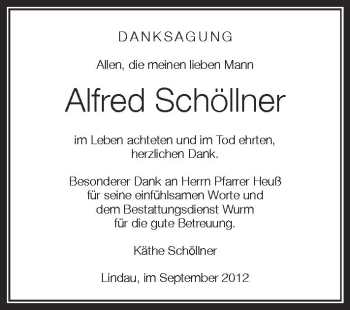 Anzeige von Alfred Schöllner von Schwäbische Zeitung