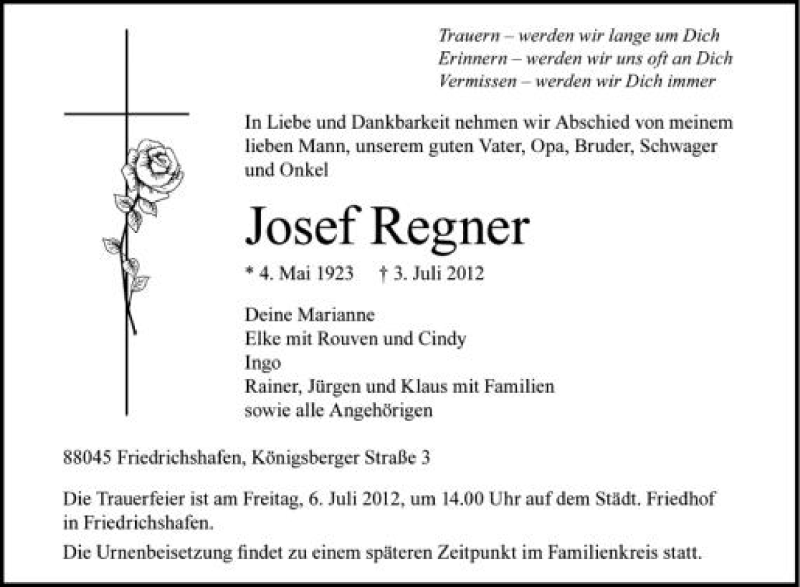  Traueranzeige für Josef Regner vom 04.07.2012 aus Schwäbische Zeitung