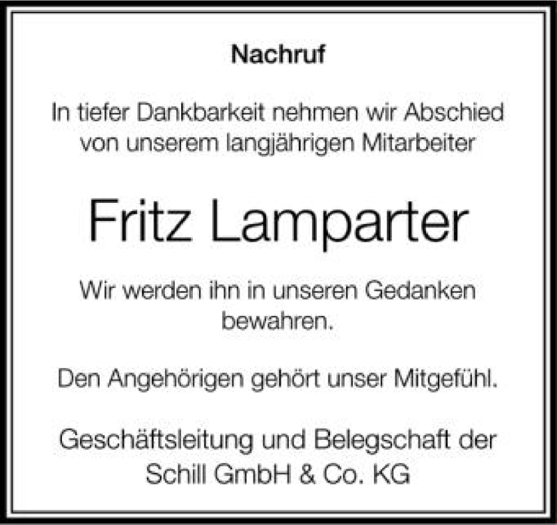  Traueranzeige für Fritz Lamparter vom 21.04.2012 aus Schwäbische Zeitung