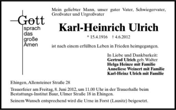 Anzeige von Karl-Heinrich Ulrich von Schwäbische Zeitung