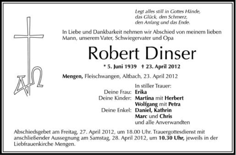  Traueranzeige für Robert Dinser vom 26.04.2012 aus Schwäbische Zeitung