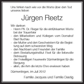 Anzeige von Jürgen Reetz von Schwäbische Zeitung