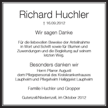 Anzeige von Richard Huchler von Schwäbische Zeitung