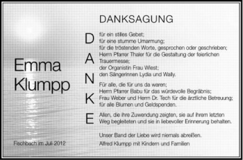 Anzeige von Emma Klumpp von Schwäbische Zeitung