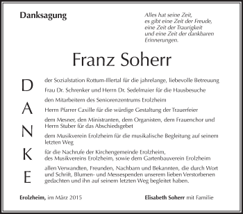 Anzeige von Franz Soherr von Schwäbische Zeitung