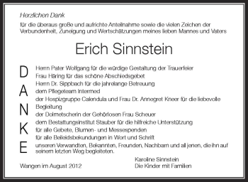 Anzeige von Erich Sinnstein von Schwäbische Zeitung