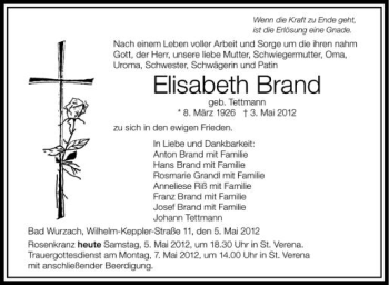 Anzeige von Elisabeth Brand von Schwäbische Zeitung