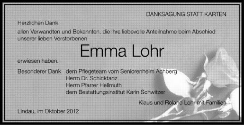 Traueranzeige für Emma Lohr vom 05.10.2012 aus Schwäbische Zeitung