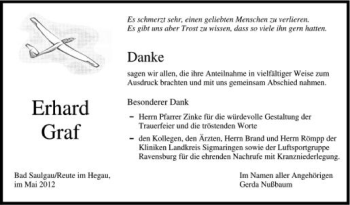 Anzeige von Erhard Graf von Schwäbische Zeitung