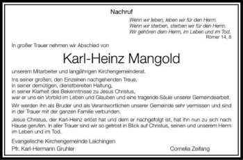 Anzeige von Karl-Heinz Mangold von Schwäbische Zeitung