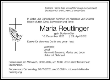 Anzeige von Maria Reutlinger von Schwäbische Zeitung