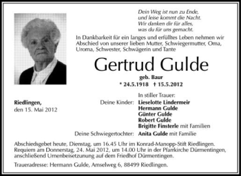 Anzeige von Gertrud Gulde von Schwäbische Zeitung
