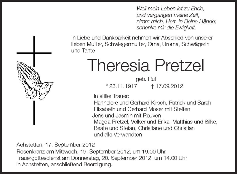  Traueranzeige für Theresia Pretzel vom 18.09.2012 aus Schwäbische Zeitung