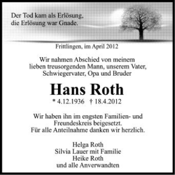 Anzeige von Hans Roth von Schwäbische Zeitung