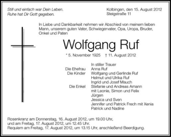 Anzeige von Wolfgang Ruf von Schwäbische Zeitung