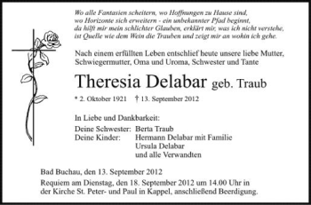 Anzeige von Theresia Delabar von Schwäbische Zeitung