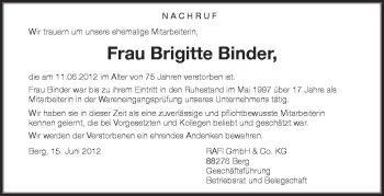 Anzeige von Brigitte Binder von Schwäbische Zeitung