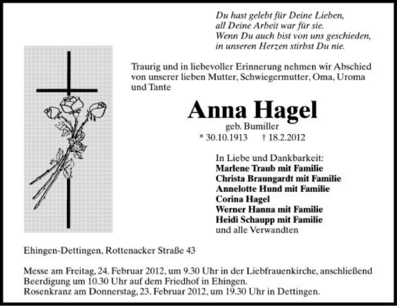  Traueranzeige für Anna Hagel vom 22.02.2012 aus Schwäbische Zeitung