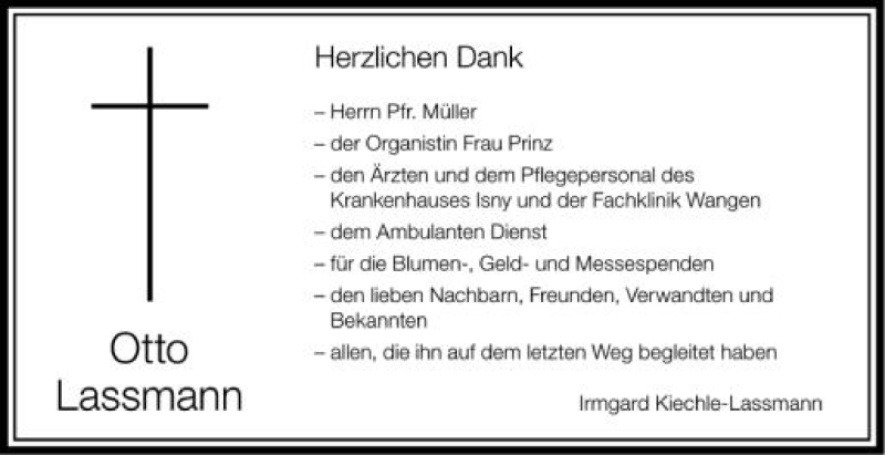  Traueranzeige für Otto Lassmann vom 05.05.2012 aus Schwäbische Zeitung