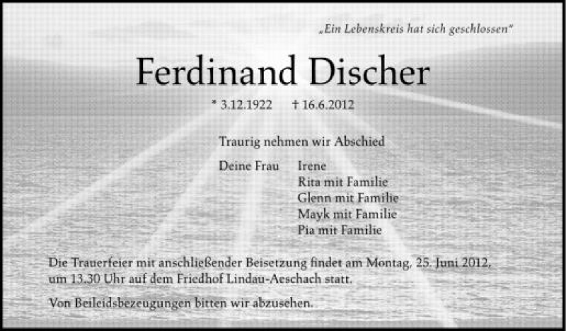  Traueranzeige für Ferdinand Discher vom 21.06.2012 aus Schwäbische Zeitung
