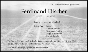 Anzeige von Ferdinand Discher von Schwäbische Zeitung