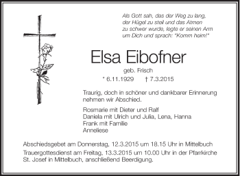 Anzeige von Elsa Eibofner von Schwäbische Zeitung