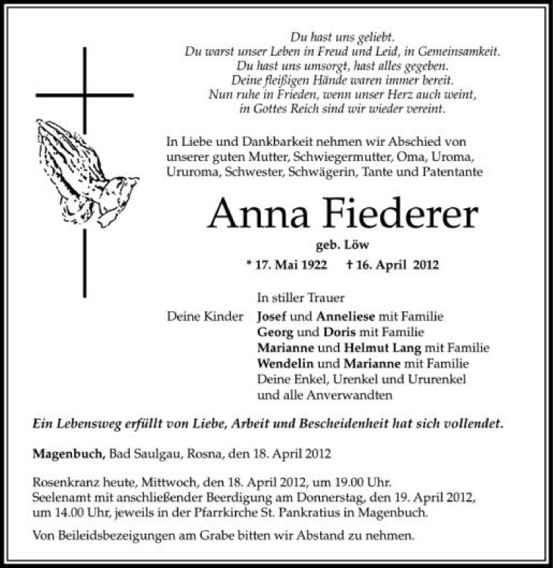  Traueranzeige für Anna Fiederer vom 18.04.2012 aus Schwäbische Zeitung