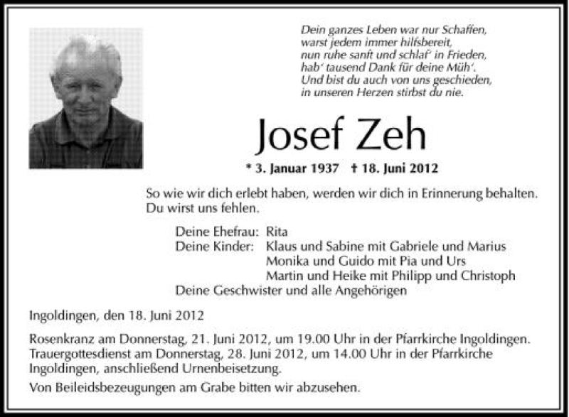  Traueranzeige für Josef Zeh vom 20.06.2012 aus Schwäbische Zeitung