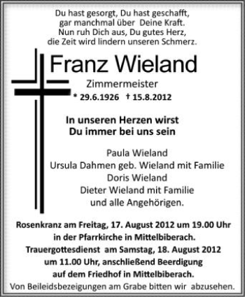 Anzeige von Franz Wieland von Schwäbische Zeitung