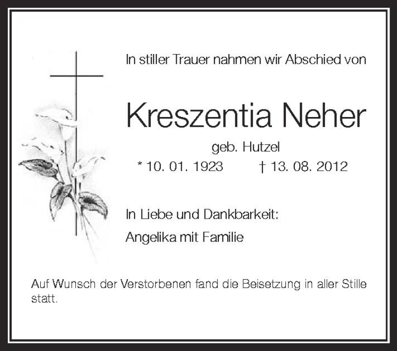  Traueranzeige für Kreszentia Neher vom 25.08.2012 aus Schwäbische Zeitung