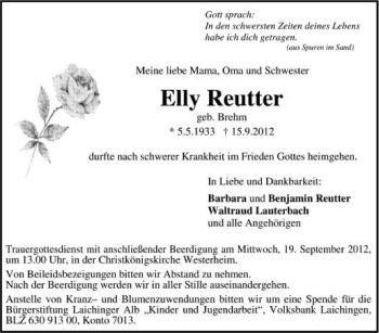 Anzeige von Elly Reutter von Schwäbische Zeitung