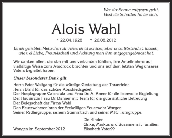 Anzeige von Alois Wahl von Schwäbische Zeitung