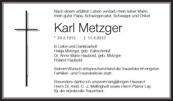 Anzeige von Karl Metzger von Schwäbische Zeitung