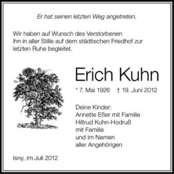 Anzeige von Erich Kuhn von Schwäbische Zeitung