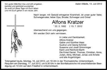 Anzeige von Alfons Kratzer von Schwäbische Zeitung