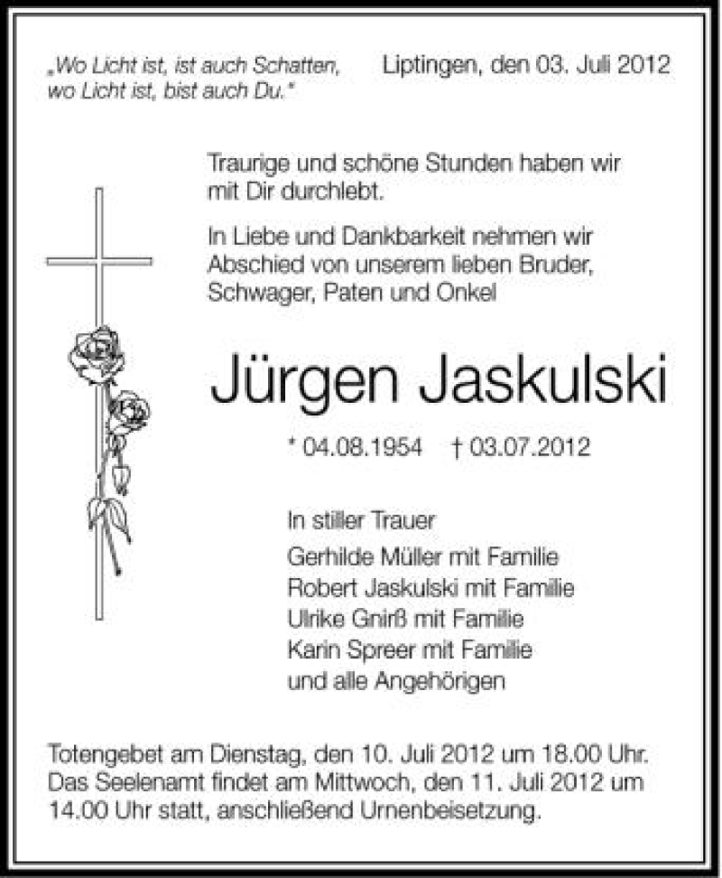  Traueranzeige für Jürgen Jaskulski vom 06.07.2012 aus Schwäbische Zeitung