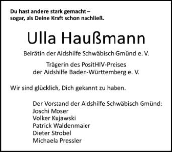 Anzeige von Ulla Haußmann von Schwäbische Zeitung